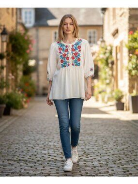 Max Womens Ivory Embroidered Rayon Tunic Top XL Rayon Floral Design Scoop Neck
